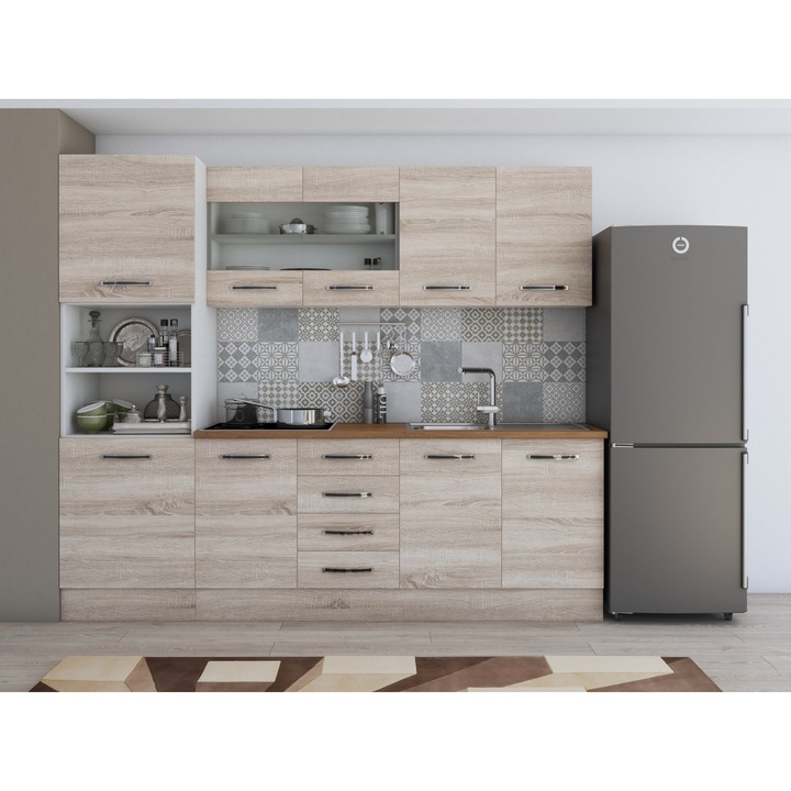 Bucatarie Alfa 240, soldat, cu vitrina, sonoma, blat termic nuc