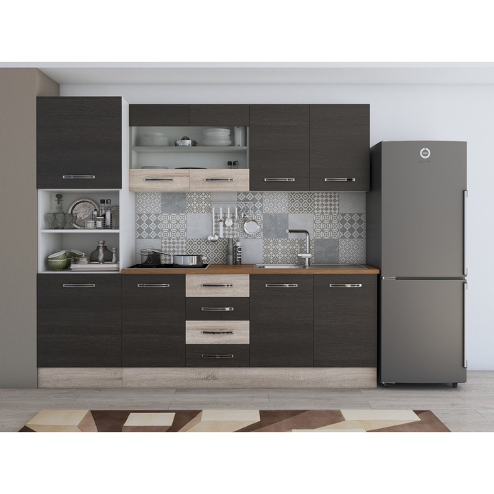 Bucatarie Alfa 240, soldat, cu vitrina, wenge/sonoma, blat termic nuc