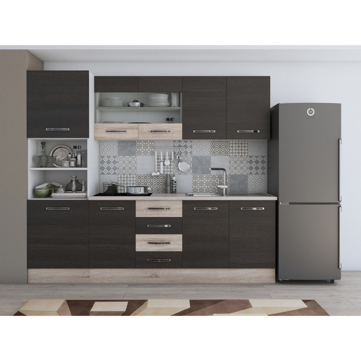 Bucatarie Alfa 240, soldat, cu vitrina, wenge/sonoma, blat termic travertin