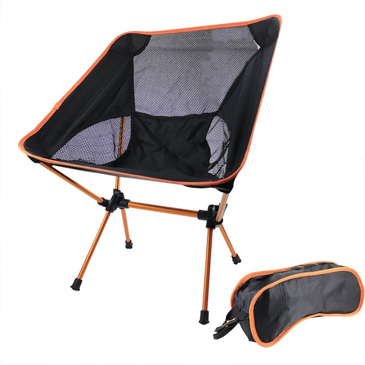 Scaun portabil pentru camping, WALALLA, Pliabil, Husa inlcusa, Aluminiu, 52x31x68 cm, Negru/Portocaliu