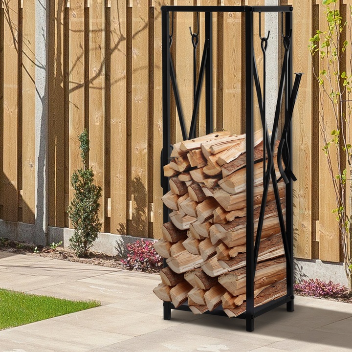Suport pentru lemne de foc, Outsunny, Metal, 4 accesorii, 34 x 34 x 111 cm, Negru