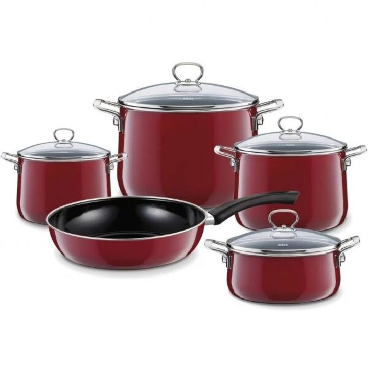Set de 5 vase RIESS NOUVELLE ROSSO Extra Strong Premium Emaille 0558-008 - 17001212, Pentru carne D16 2l-D20 4l-D24 6.5l, Pentru sos D20 2l, Tigaie D28, Toate sursele de caldura, Noble Red