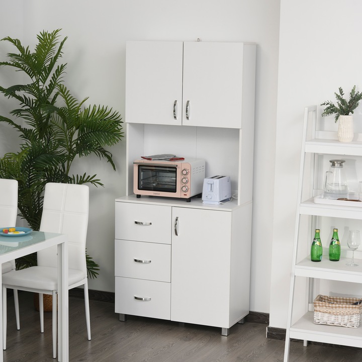 Бюфет, Homcom, ПДЧ, 2 шкафа, Регулируеми рафтове, 3 чекмеджета, 80x39.5x183.5 см, Бял