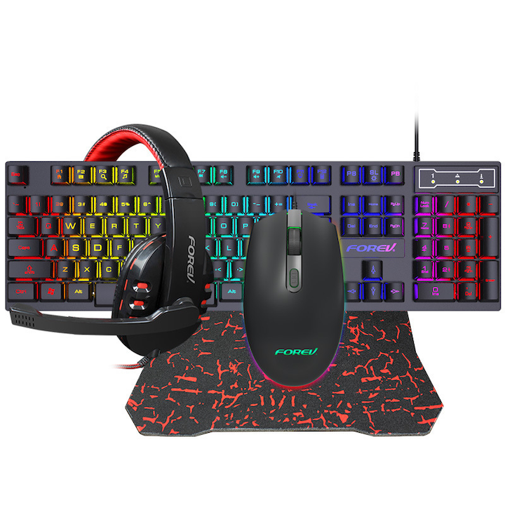 Комплект Gaming Forev, Kлавиатура/мишка/подложка за мишка/слушалки, RGB осветление, Черен