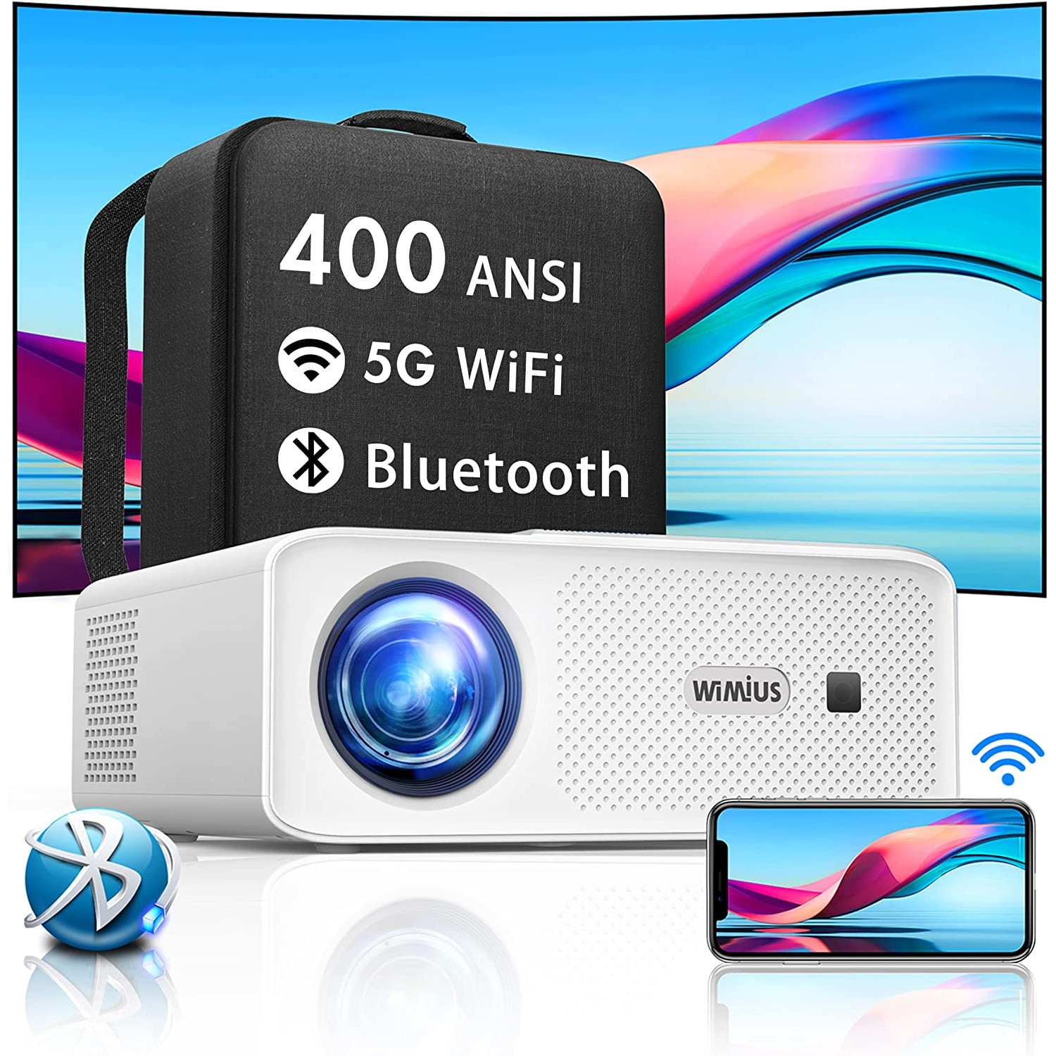 Videoproiector Bluetooth WiFi 5G, 1080P Full HD, suporta 4K, 9800 Lumeni,  ecran 300 inch, corectie trapezoidala 4D, cu geanta de transport, Wimius W7  