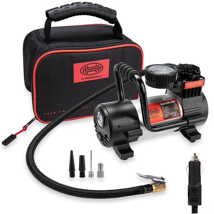 Compresor aer premium Heyner BigAir Pro 43312, alimentare bricheta auto 12V, debit aer 30 litri, 130 PSI, manometru, lampa LED