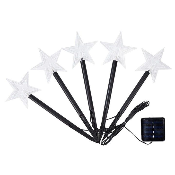 Set 5 Lampi solare LED de exterior Tip Stea pentru gradina Flippy, 35.5 cm, Alb Cald