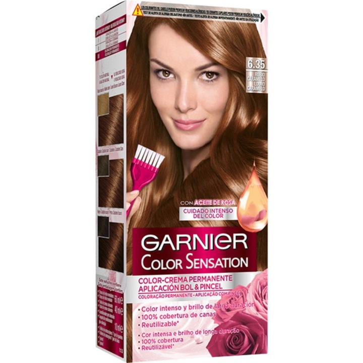 Vopsea de par permanenta cu amoniac, Garnier, Color Sensation, 110 gr, 6.35 Rubio Caramelo