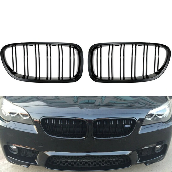 Grile Duble Bara Fata Nari M Sport BMW Seria 5 F10 F18 F11, M5 Look, Negru Lucios