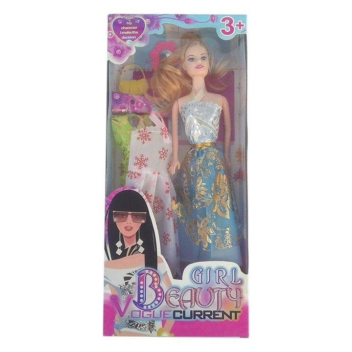 Papusa cu accesorii si rochite de schimb, albastru, 14x32 cm