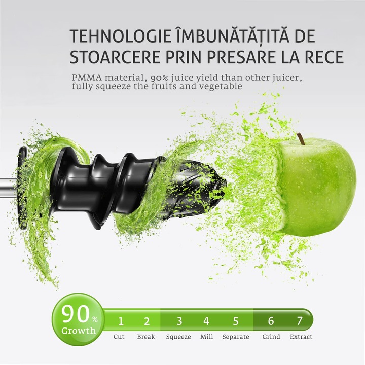 Storcator cu presare la rece Biovita Nutrimax, cu melc, Retete Bonus, Sita din inox, 150W, Silentios, Eficient, Argintiu