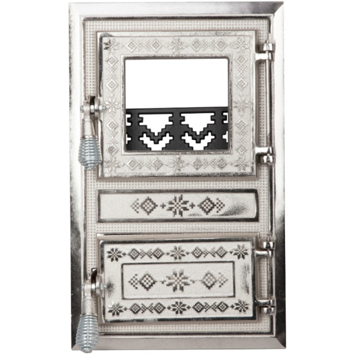 Usa Soba Monobloc cu Geam Motive Romanesti Nichelata 475x295 mm, fonta, argintie, AV679707