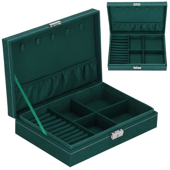 Ékszerdoboz, velúr, zöld, 28x19,5x7cm, Springos