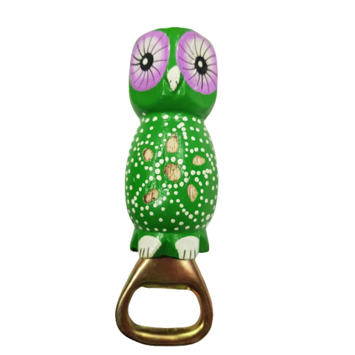 Отварачка Бухал, Дървена, Ръчно рисувана, 12 см, Зелена