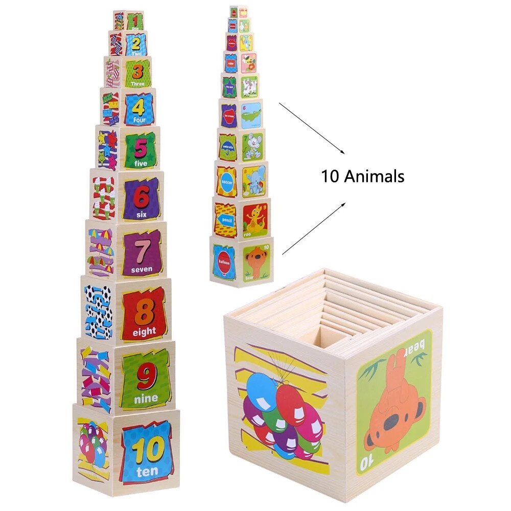 Set 10 cuburi din lemn Turn Montessori - eMAG.ro