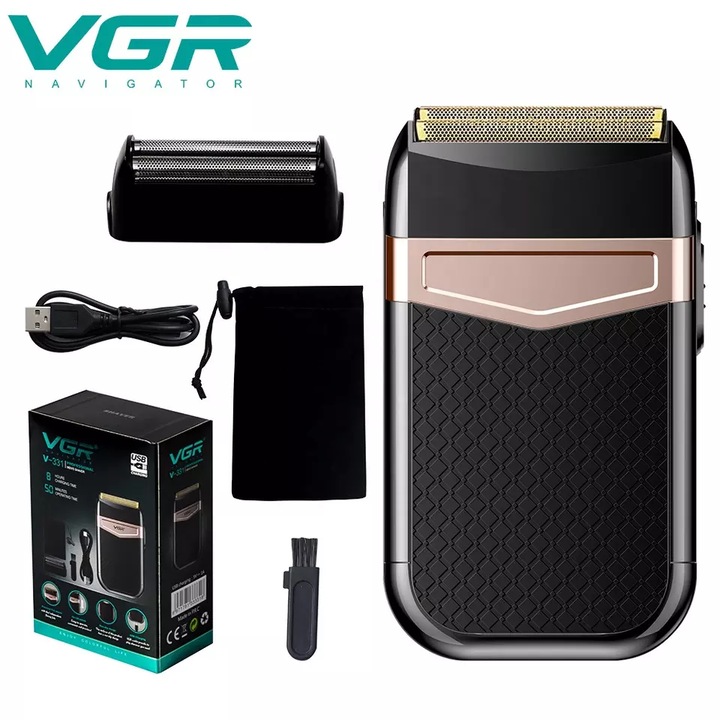 Безжична самобръсначка VGR 331 Shaver, 2 глави, USB, Водоустойчив, Калъф за съхранение, Черен