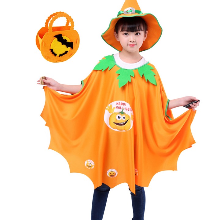 Set pelerina, palarie si cosulet, Koungiam, Tematica Halloween, Imprimeu dovleac, 3-10 ani, Portocaliu