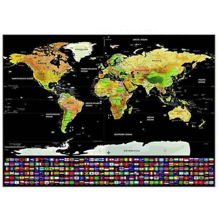 Скреч карта на света ОМ Маркет, Знамена на държави, 82 / 59см
