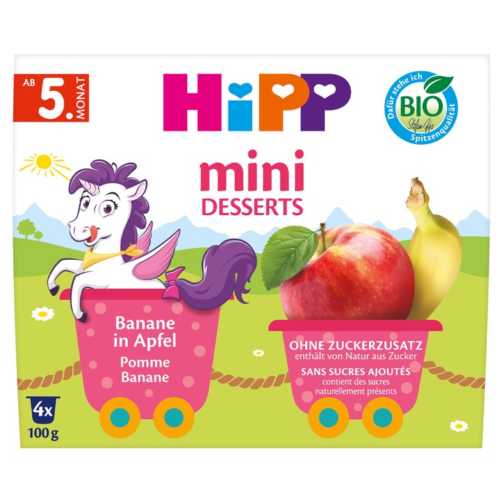 Gustare cu Fructe HIPP Banane si Mere, 4 x 100 g, de la 4 luni