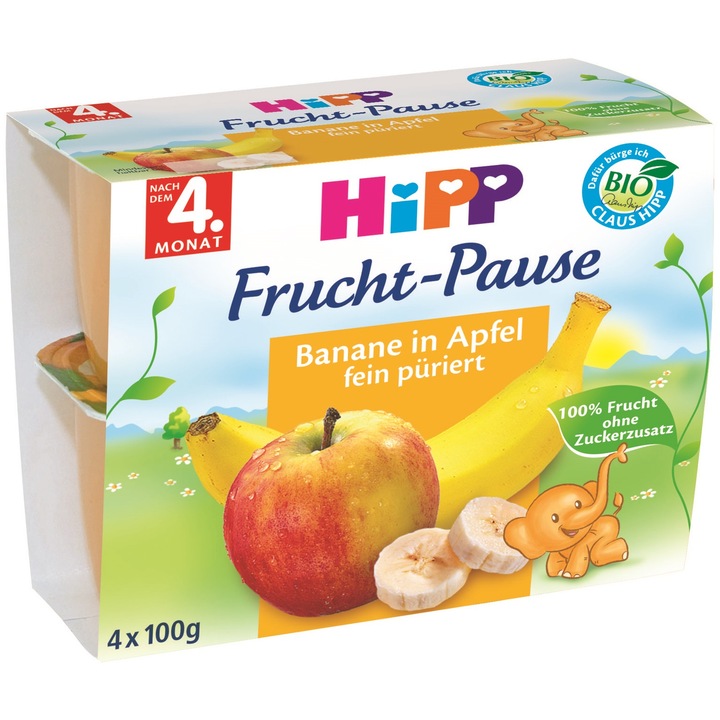 Gustare cu Fructe HIPP Banane si Mere, 4 x 100 g, de la 4 luni