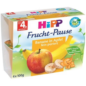Gustare cu Fructe HIPP Banane si Mere, 4 x 100 g, de la 4 luni Gustare cu Fructe HIPP Banane si Mere, 4 x 100 g, de la 4 luni
