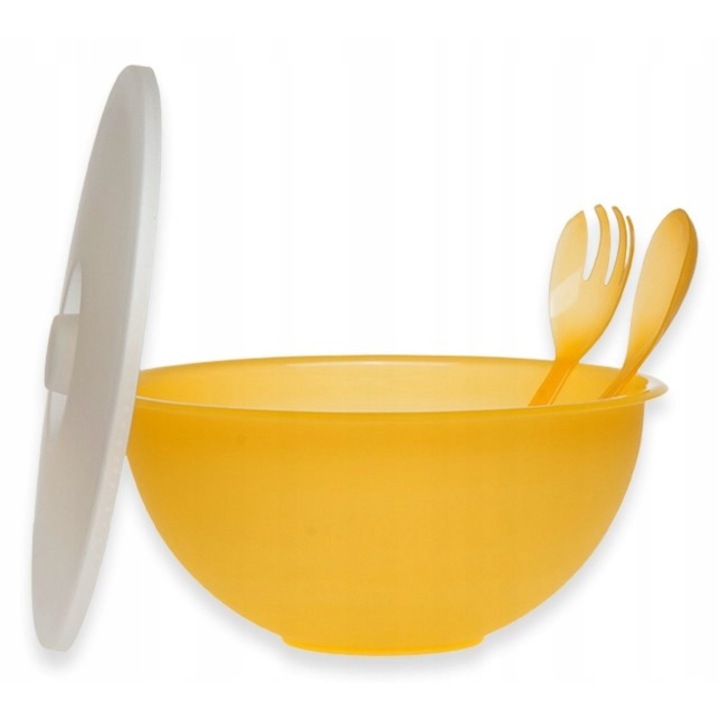 Set bol salata, capac si 2 tacamuri, Sagad, Plastic, 26 cm, Galben