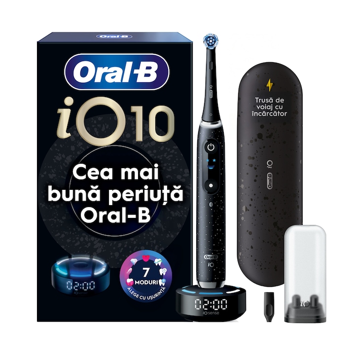 Periuta de dinti electrica Oral-B iO10 cu incarcator iOSense, Tehnologie Magnetica si Micro-Vibratii, Inteligenta artificiala, Display led, Senzor de presiune Smart, 7 moduri, 1 capat, Suport rezerve, Trusa de calatorie cu incarcator, Negru