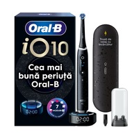Periuta de dinti electrica Oral-B iO10 cu incarcator iOSense, Tehnologie Magnetica si Micro-Vibratii, Inteligenta artificiala, Display led, Senzor de presiune Smart, 7 moduri, 1 capat, Suport rezerve, Trusa de calatorie cu incarcator, Negru