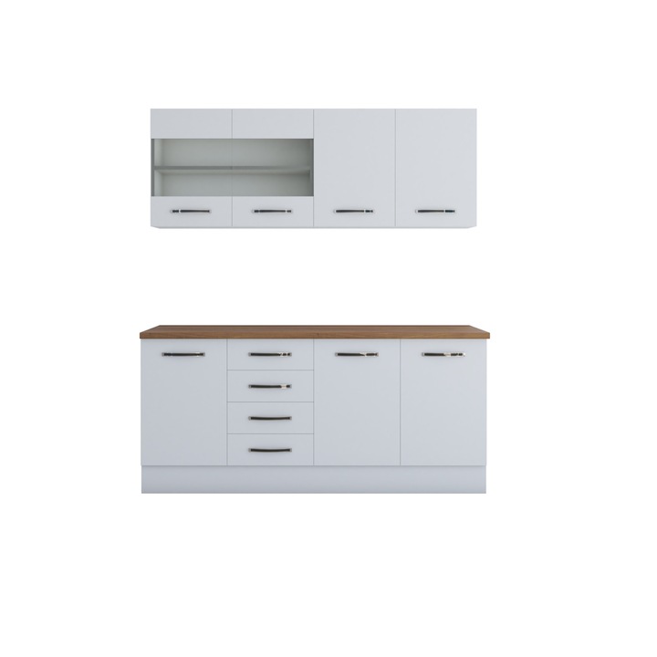 Bucatarie Alfa 180, cu vitrina, alb, blat termic nuc