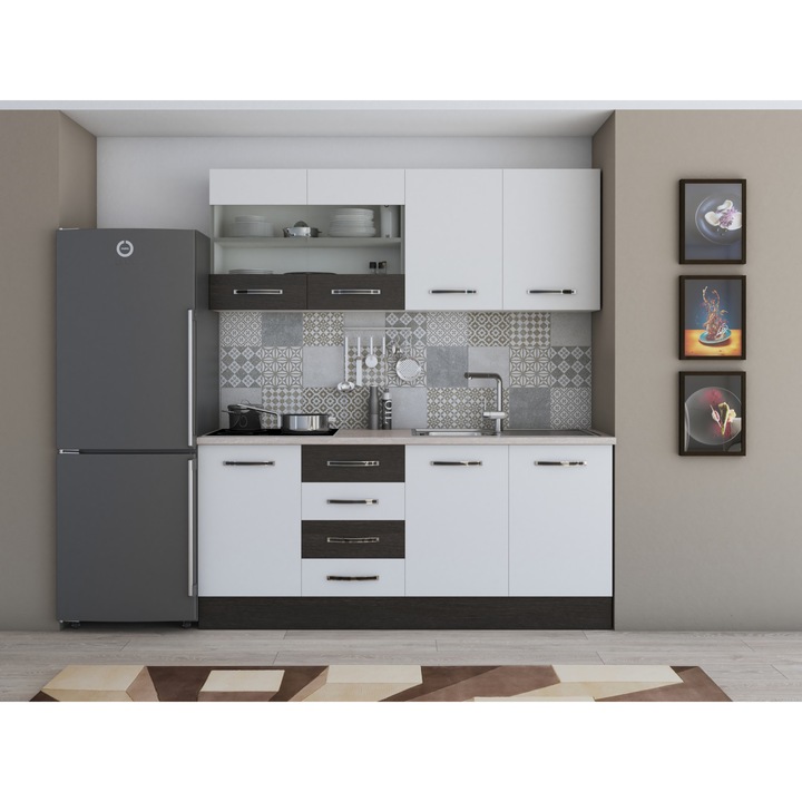 Bucatarie Alfa 180, cu vitrina, alb/wenge, blat termic travertin