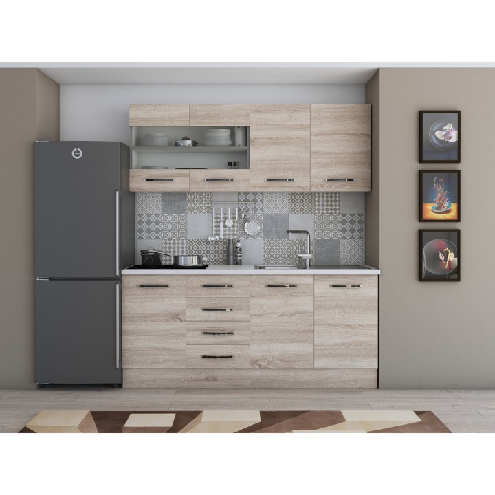 Bucatarie Alfa 180, cu vitrina, sonoma, blat termic alb