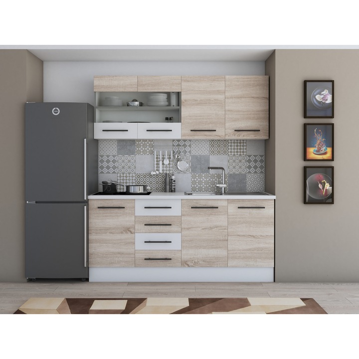 Bucatarie Alfa 180, cu vitrina, sonoma/alb, blat termic alb