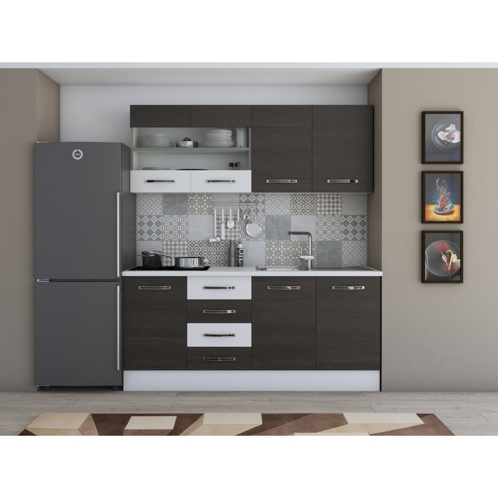 Bucatarie Alfa 180, cu vitrina, wenge/alb, blat termic alb