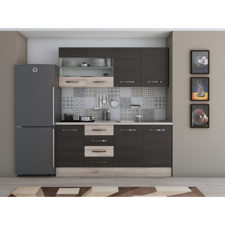 Bucatarie Alfa 180, cu vitrina, wenge/sonoma, blat termic travertin