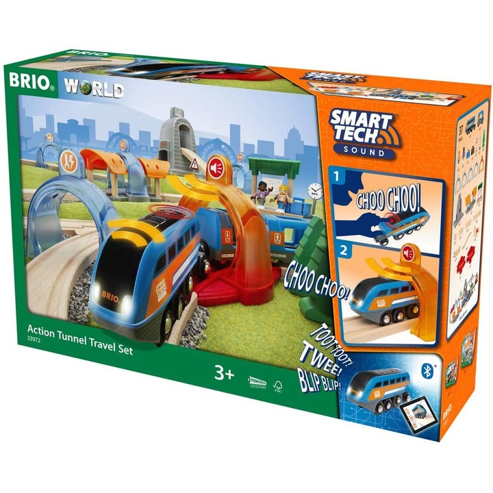 Комплект за игра Brio Smart Tech - Пътнически влак с коловоз и тунел