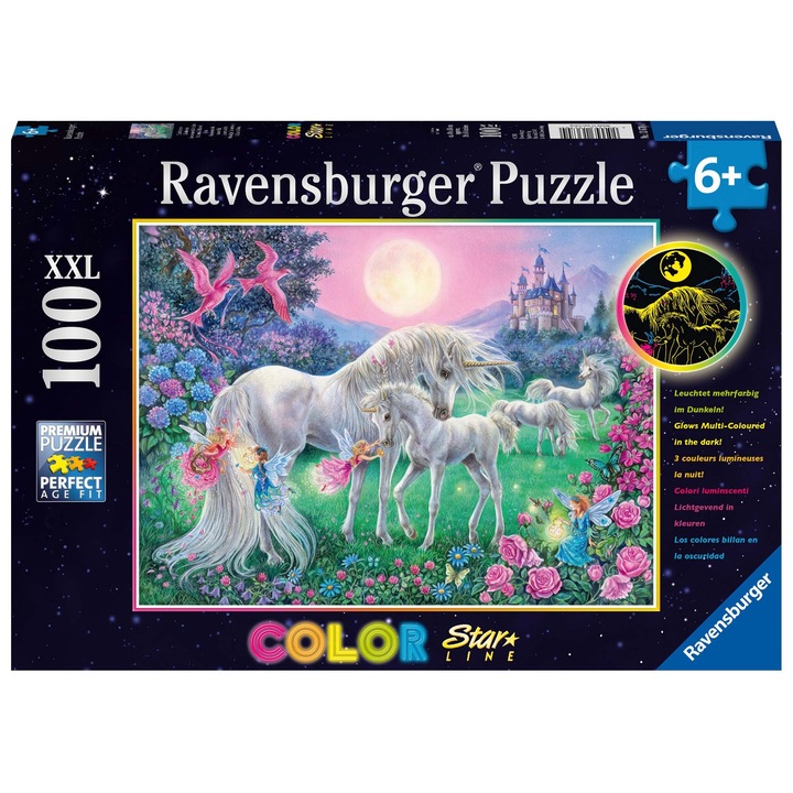 Puzzle Ravensburger XXL Glow in the dark - Unikornisok a holdfényben, 100 darab
