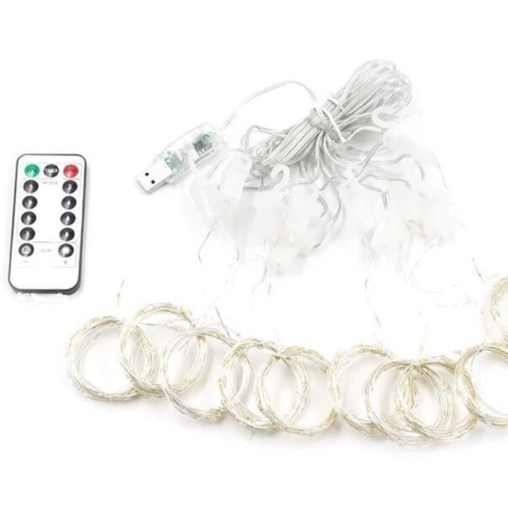 Instalatie Craciun, Tip Perdea IP44, 3m x 2m, 200 Led-uri, Multicolor, USB si telecomanda cu 8 functii, Cyrax