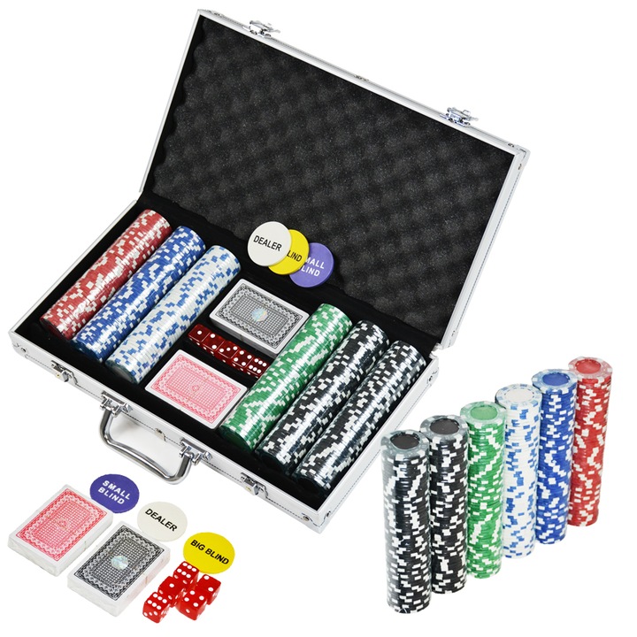 Премиум комплект LikeSmart Poker Game, с 300 чипа, калъф за носене, 2 чифта карти за игра, 5 зара