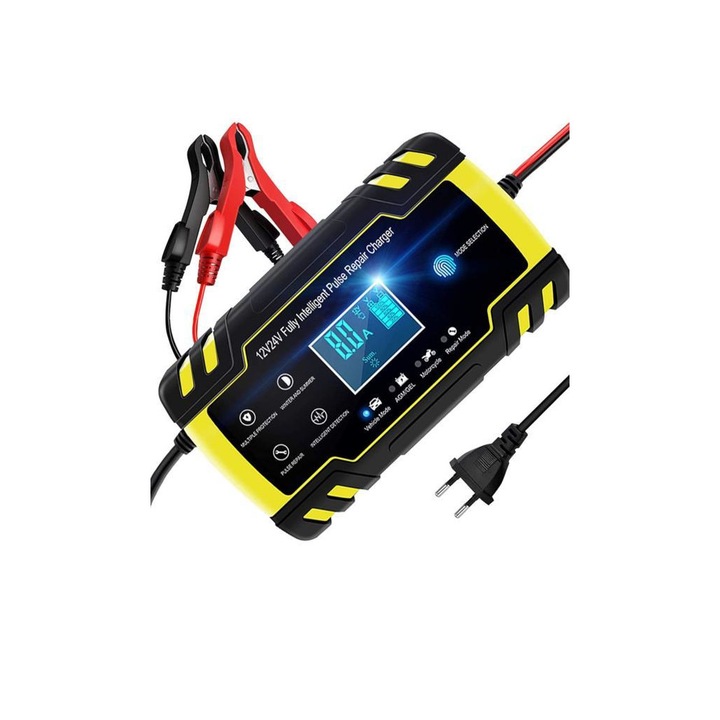 Blusmart intelligens akkumulátor-egyenirányító teherautókhoz, autókhoz, motorkerékpárokhoz, 12V - 24V, kijelzővel, intelligens, impulzusos akkumulátorjavító funkcióval és az autóban történő töltés lehetőségével, beleértve a start-stop funkciót is