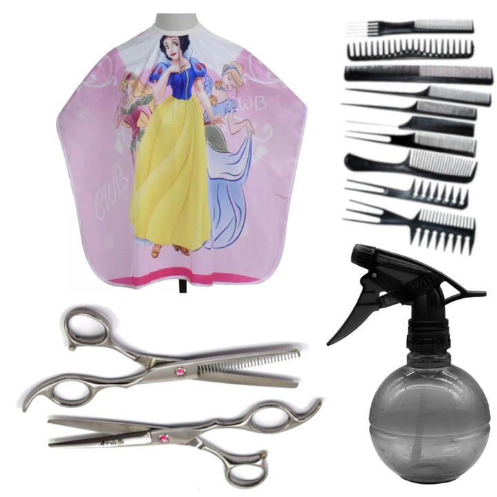 Set Foarfece de tuns Ardette, Kids01, Roz, cu imprimeu printese, 5 piese, cu pelerina tuns, piepteni si pulverizator pentru copii