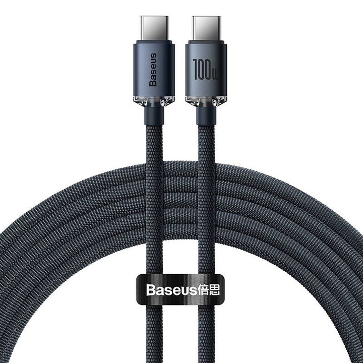 Baseus töltőkábel, Crystal Shine sorozat, CAJY000601, USB Type-C – USB Type-C, 1,2 m, 100 W, fekete
