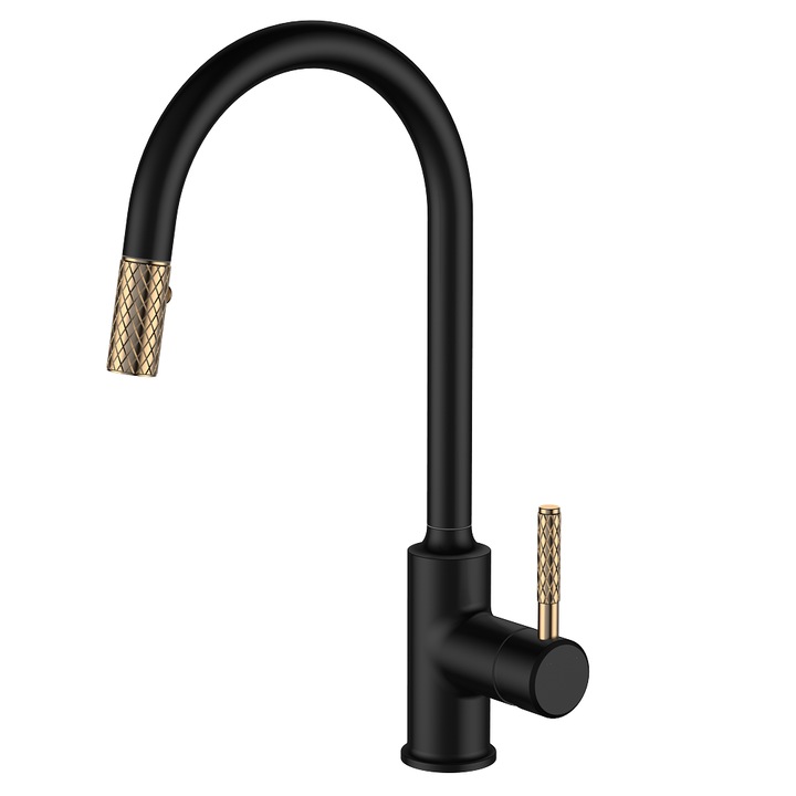 Смесител за кухня с изтеглящ се душ TruInterior Clockwork Premium Black-Gold