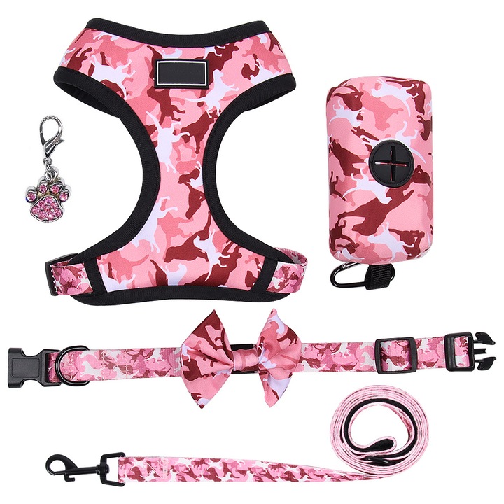 Комплект от 5 части, колан, каишка, нашийник, висулка, портфейл за кучешка чанта, S, бяло/розово