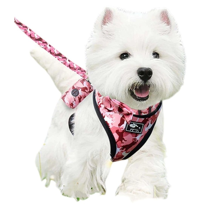 Set 5 piese, Ham, Lesa, Zgarda, Pandantiv, Portofel pungi pentru catei, S, Alb/Roz