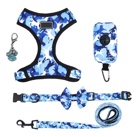 Set 5 piese Ham, Lesa, Zgarda, Pandantiv, Portofel pungi pentru caini, S, Alb/Albastru