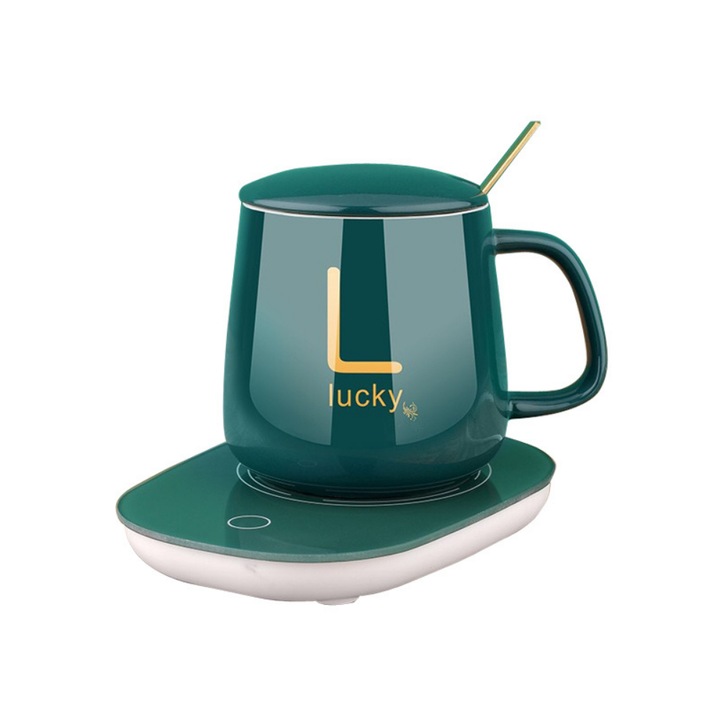 Cana inteligenta de cafea din ceramica, cu capac si lingurita, incalzitor cu USB, 55 grade, controlul temperaturii, verde