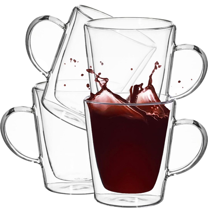 Set 4 cani cu pereti dubli, Quasar & Co.®, 250 ml, model drept, termorezistenta, transparent