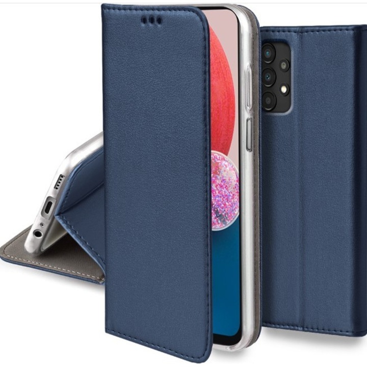 Samsung Galaxy A13 4G könyvtok, fliptok, telefon tok, mágneszáras, szilikon keretes, kék, Smart Magnetic