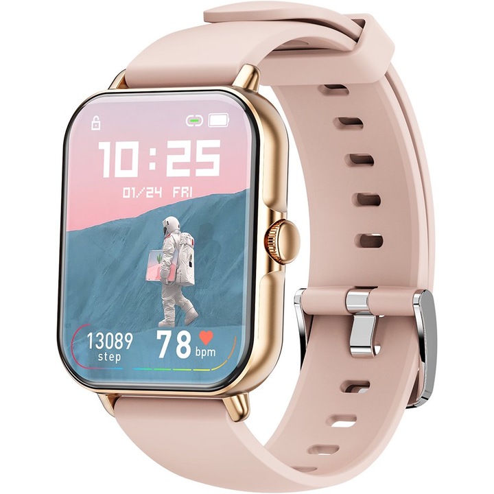 Ceas Smartwatch DT™ WATCH XII Always ON Display 1.9" Borderless 4D Assistive Touch, Apelare Bluetooth HD, AI Asistent Vocal, GPS Track, NFC Acces Control, MultiSport, Monitor ECG/HR/SpO2, Incarcare Wireless, Soft Silicon, Gold Rose
