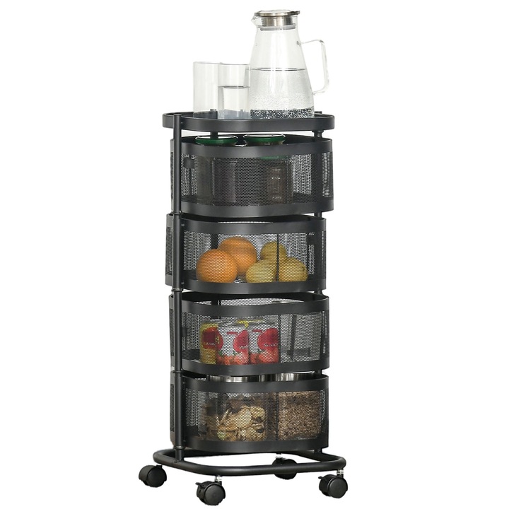 Carucior pentru alimente, Homcom, Otel/Plastic/PP, Roti pivotante, 33x33x77 cm, Negru